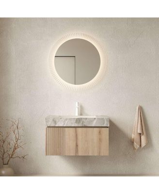 30" Floating Plywood Vanity Set With Sink, Travertine Sintered Stone Top, 1-Hole Faucet