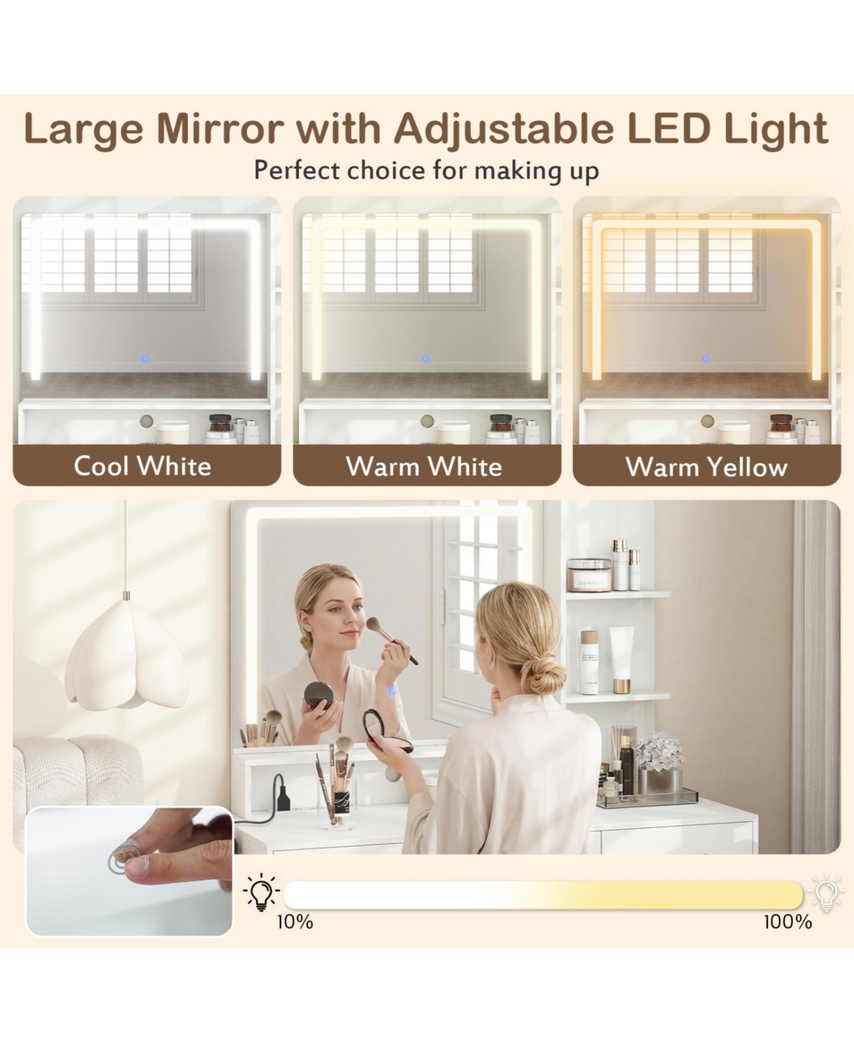 Volenca Lighted Vanity Set with Mirror, Adjustable Brightness, and Stool, 54-inches Tall