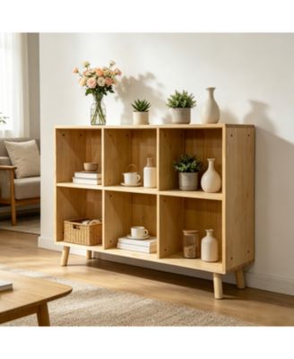 6 Cube Wooden Storage Shelf, with Legs, 2 Tier Cube Low Horizontal Bookcase, for Living Room, Bedroom, Office, Entryway