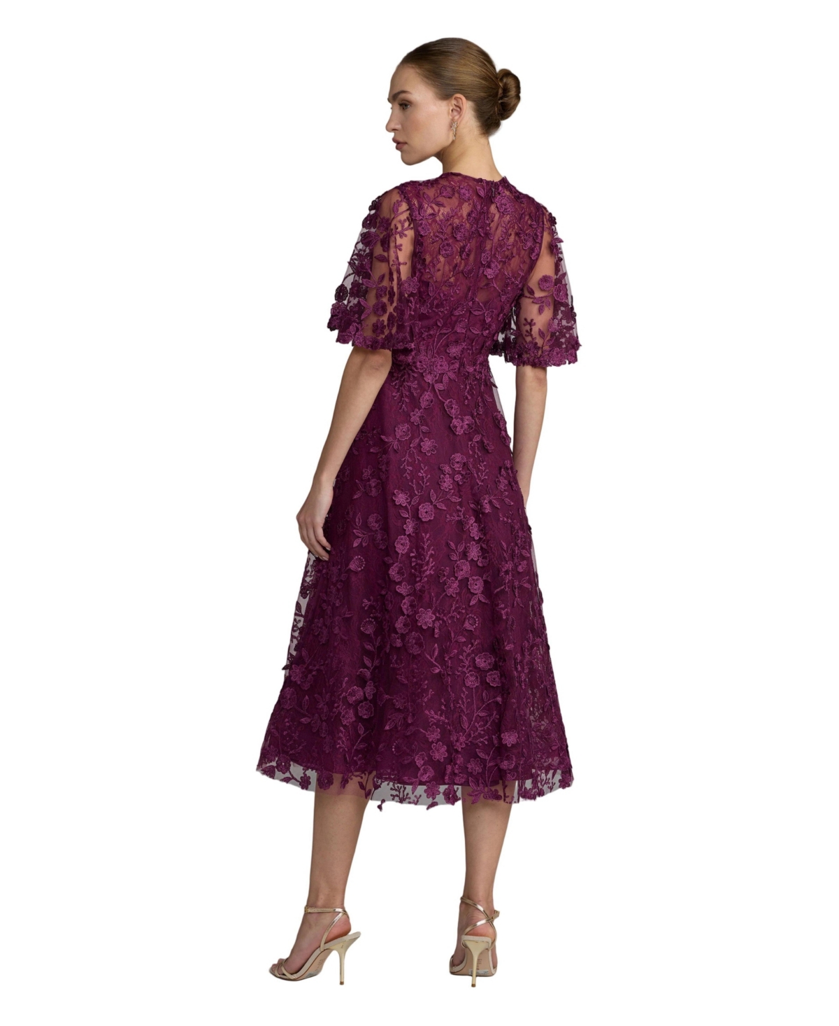 Mac Duggal Women's Flutter Sleeve Embroidered Midi Dress