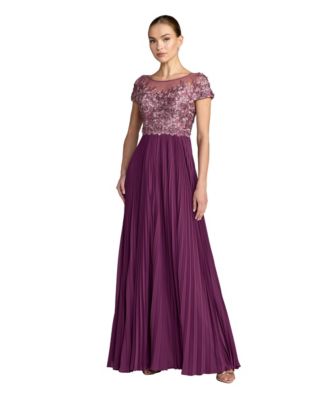 Petite Embroidered Cap Sleeve High Neck Pleated Gown