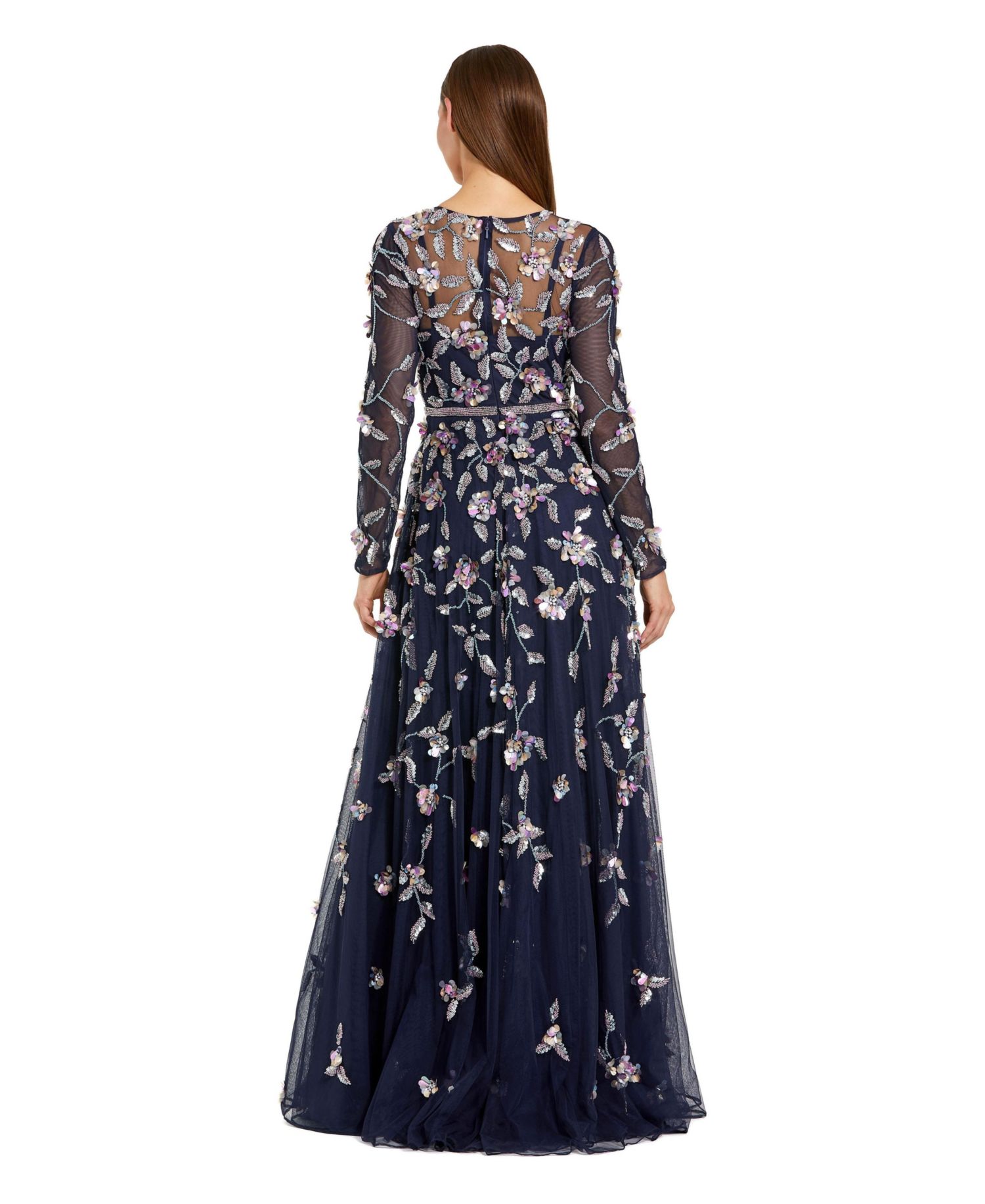Petite Long Sleeve Mesh Gown with Beaded Floral Applique