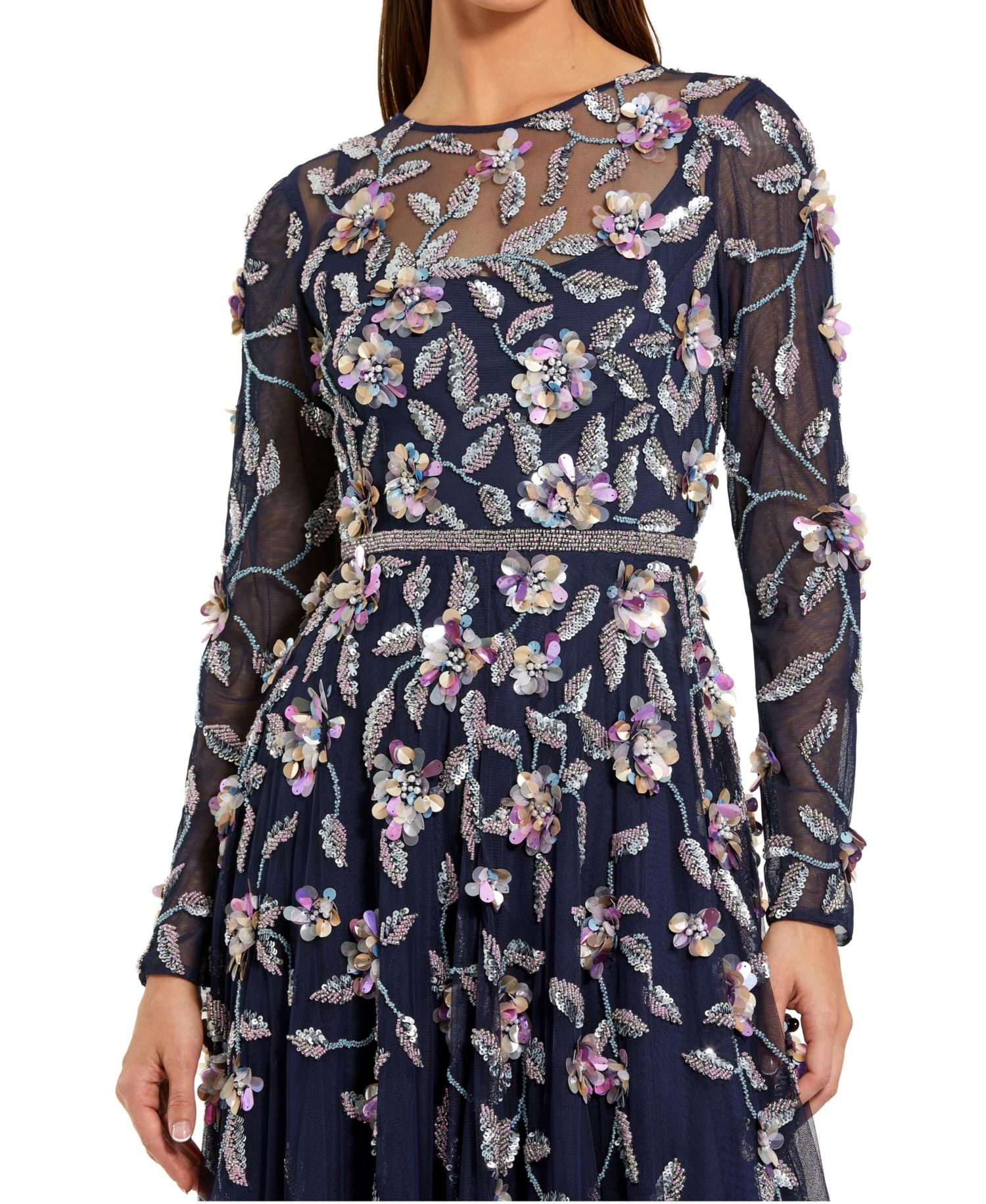 Petite Long Sleeve Mesh Gown with Beaded Floral Applique