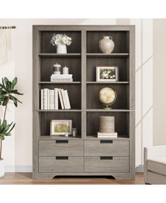 72 Inch Tall 6-Tier Double Wide Farmhouse Bookshelf with 4 Drawers, Heavy Duty Display Shelf with Anti-Tip Kit for Living Room and Home Office