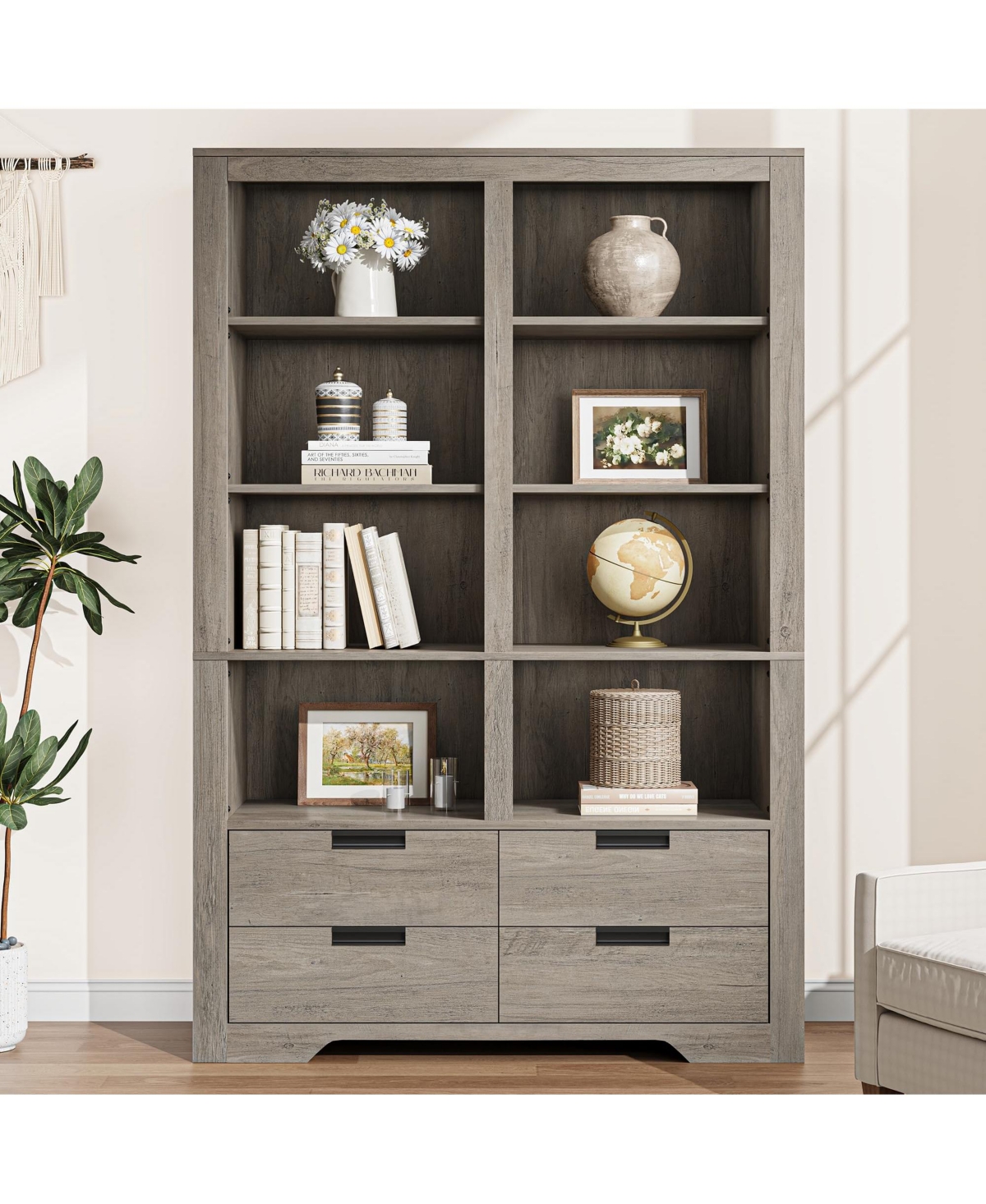 homfan 72 Inch Tall 6-Tier Double Wide Farmhouse Bookshelf with 4 Drawers, Heavy Duty Display Shelf Anti-Tip Kit for Living Room and Home Office