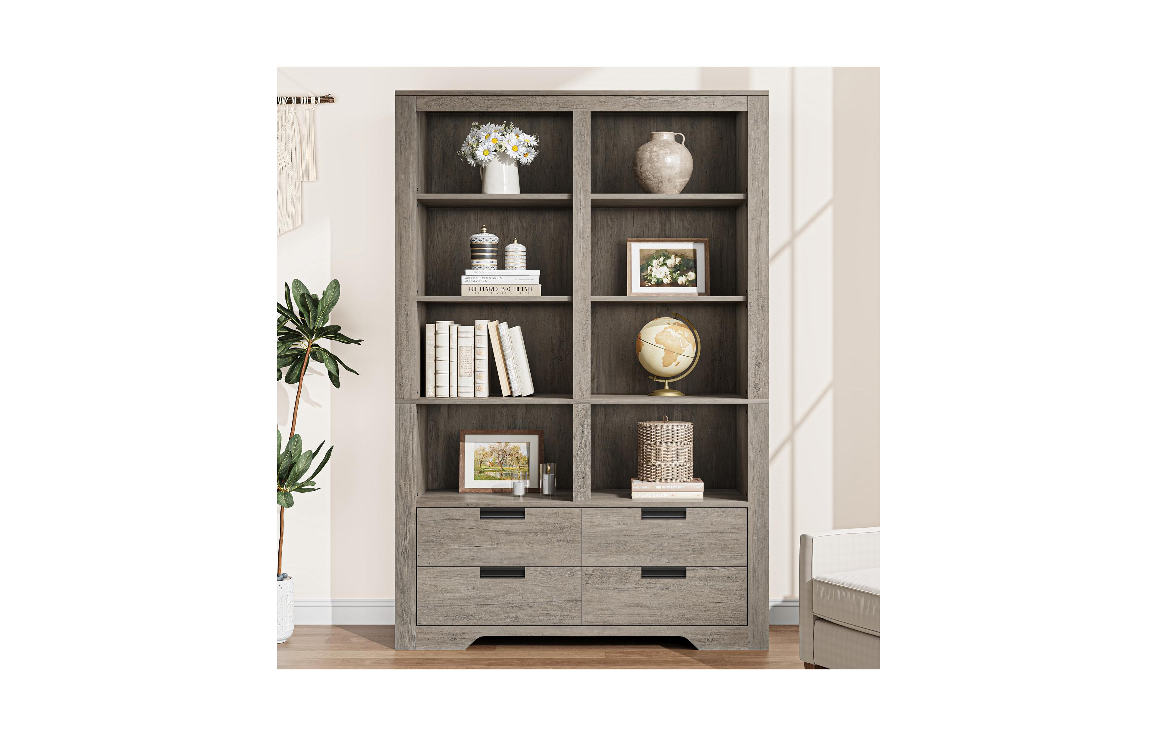 homfan 72 Inch Tall 6-Tier Double Wide Farmhouse Bookshelf with 4 Drawers, Heavy Duty Display Shelf Anti-Tip Kit for Living Room and Home Office