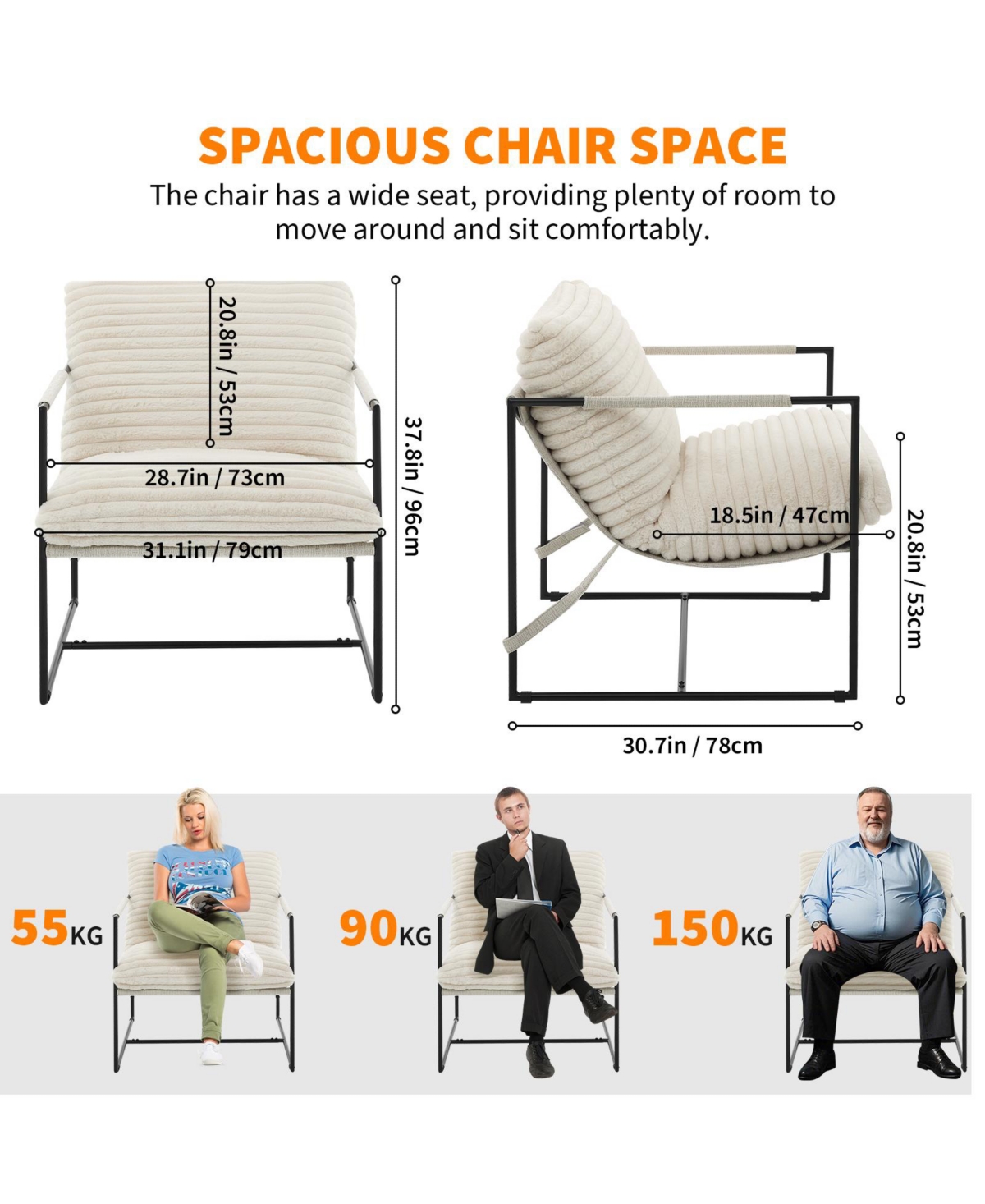 homfan Oversized Modern Sling Accent Chair, Ergonomic Metal Frame, Removable Cushioned Armchair, Upholstered Lounge Seating for Living Room or Bedroom