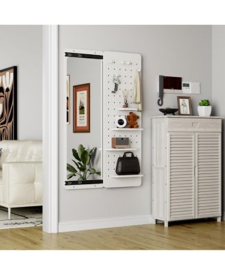 Modern Wall Mounted Full Length Mirror with Shelf and Hooks for Bedroom and Entryway
