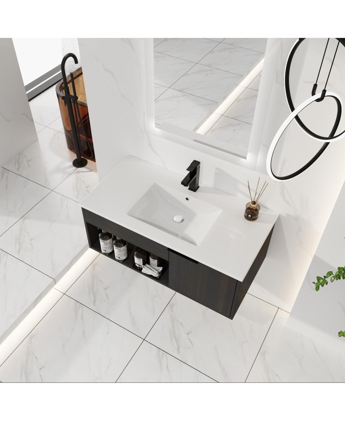 Sillysis Wall Mounted Bathroom Vanity with Ceramic Sink, Soft Close Door, Open Shelf Storage