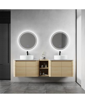 71 Inch Wall Mounted Double Bathroom Vanity with Stone Countertop, Ceramic Vessel Sinks, Storage Shelves for Modern Homes