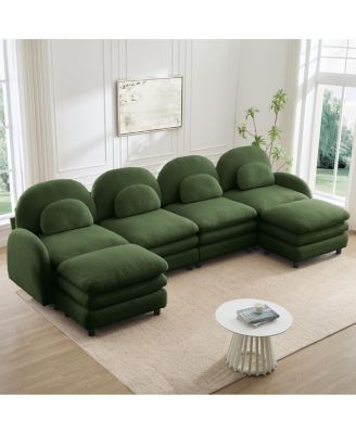 Teddy Fabric 4-Seat Modular Sofa with Ottomans and Lumbar Pillows