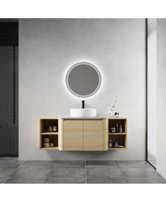 53 Inch Wall Mounted Bathroom Vanity with Ceramic Vessel Sink, Stone Top and Storage Shelves for Modern Bathrooms