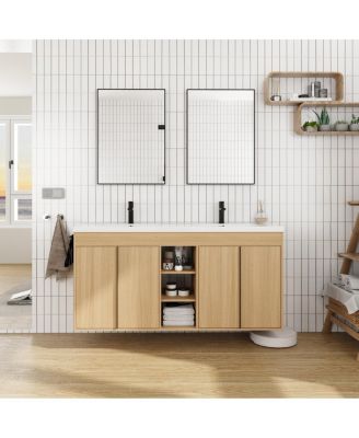 59 Inch Freestanding Double Sink Bathroom Vanity with Soft Close Doors, Open Storage and Towel Bar, Modern Plywood Cabinet