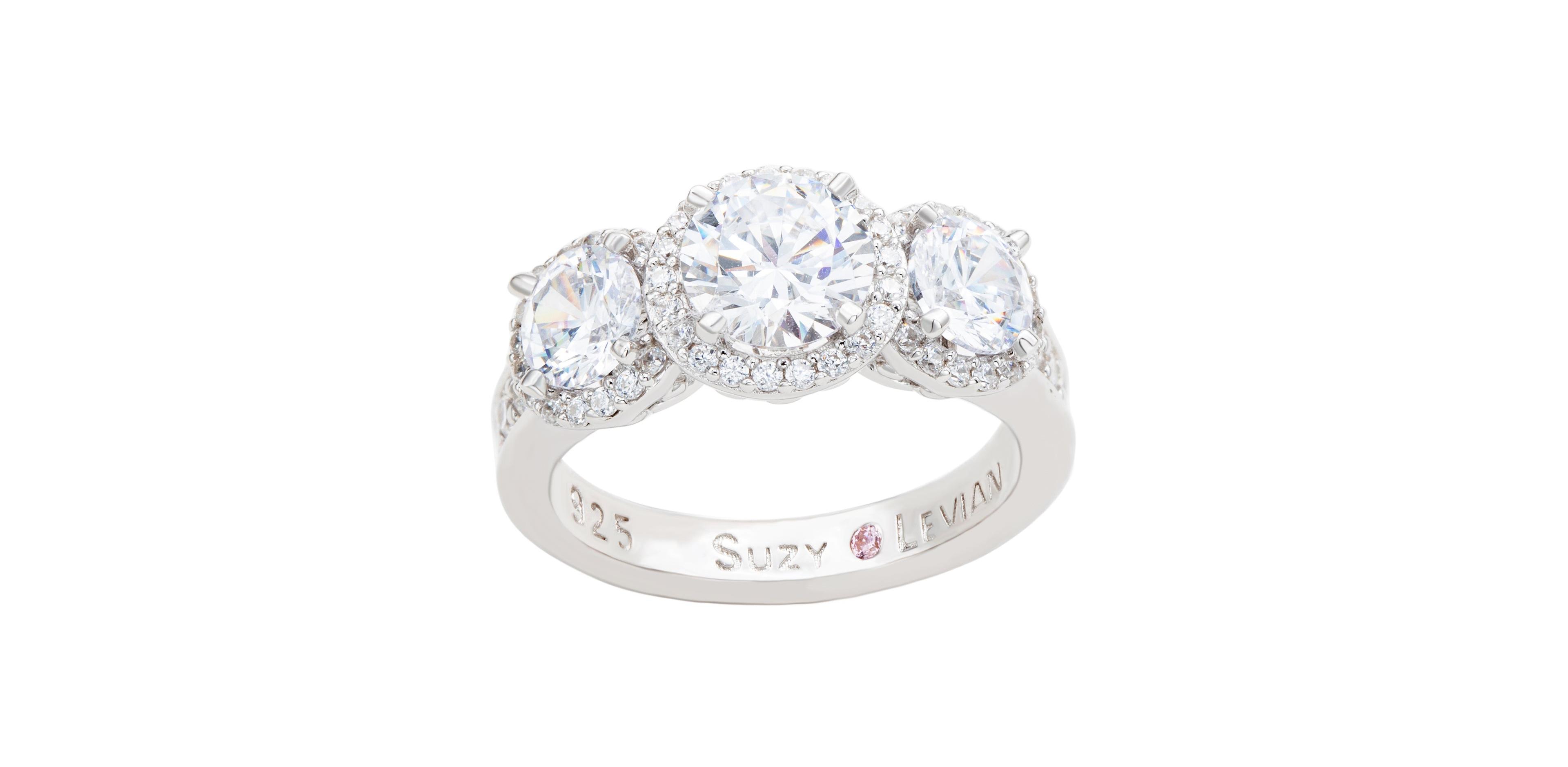 Suzy Levian Sterling Silver Cubic Zirconia White Three Stones Halo Center Stone Ring