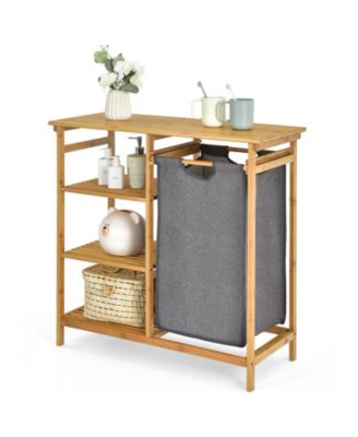 Bamboo Laundry Hamper Stand with Removable Sliding Bag and 3-Tier Open Shelves