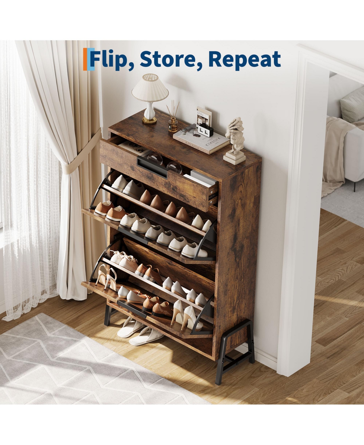 Homfan Modern Farmhouse Shoe Storage Cabinet, Flip Drawer Entryway Organizer with Adjustable Dividers and Metal Legs
