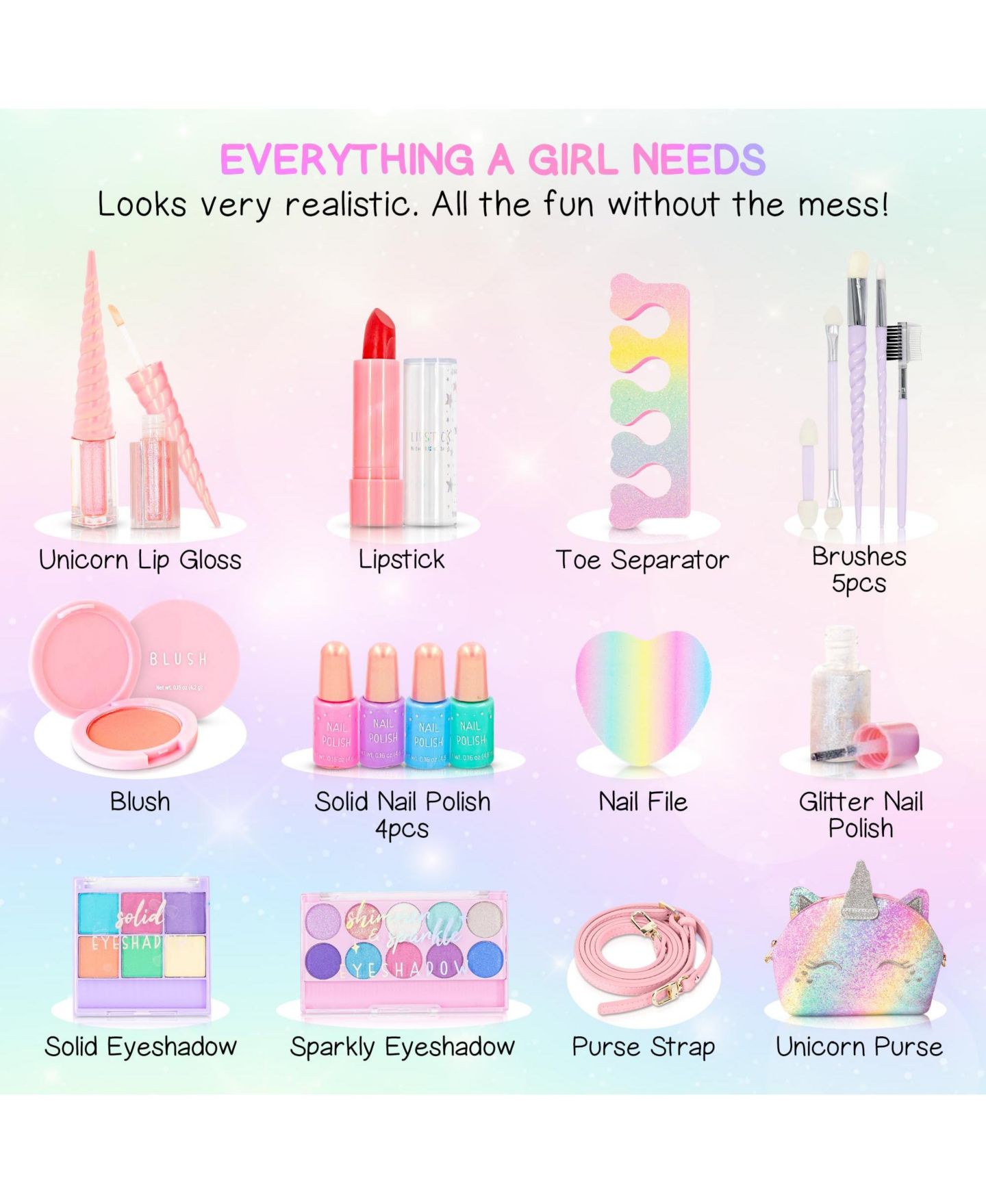 Детские игрушки GNUADZ Unicorn Washable 18-Piece Makeup Kit, Ages 5+, цвет: Разноцветный — фото 3