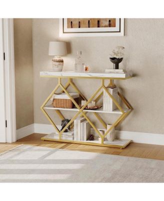 Farmhouse 3-Tier Console Table with Open Shelves, Geometric Metal Legs, Narrow Entryway Design for Hallway, Foyer, or Living Room.