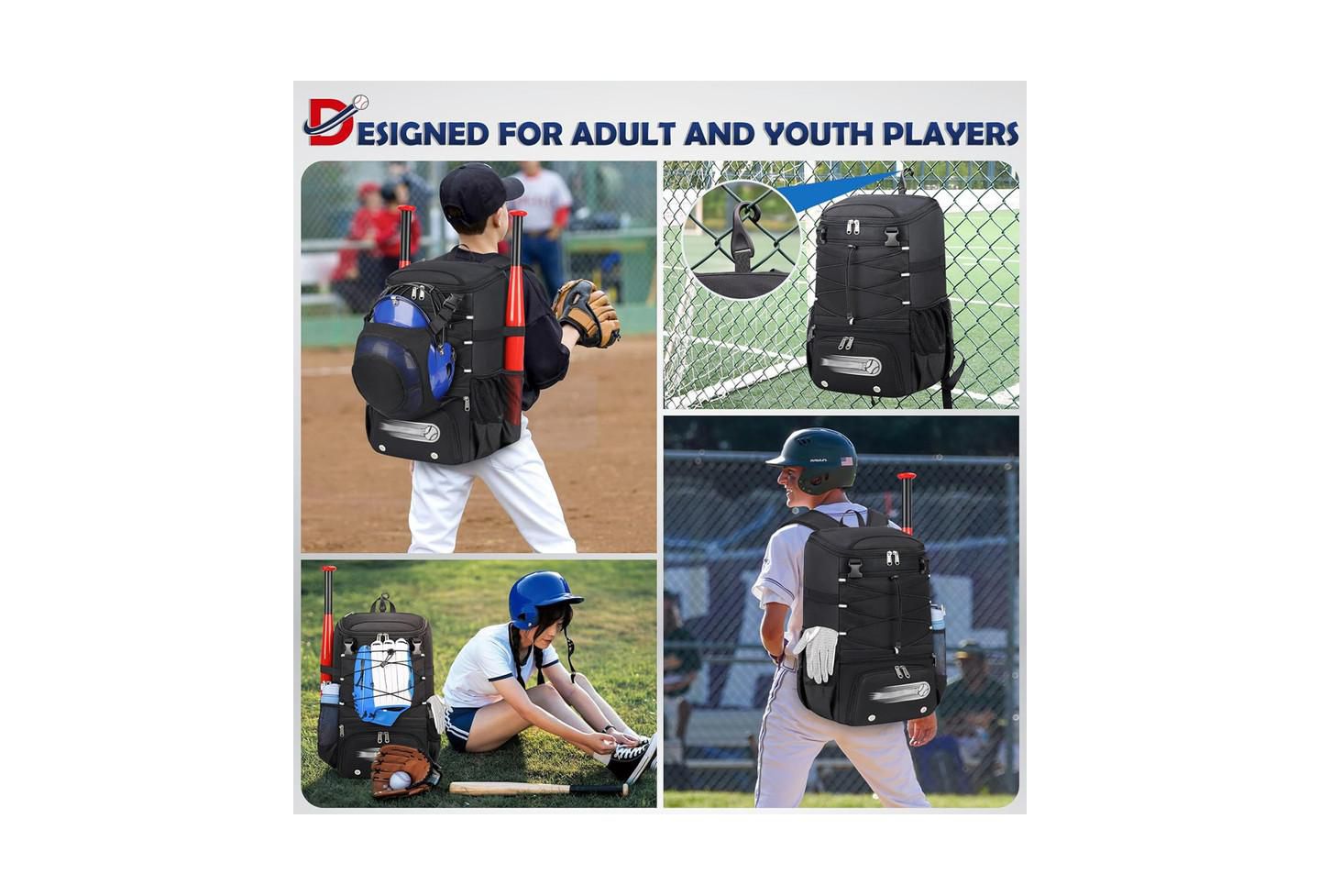 Детская сумка Furlihong Baseball Bag for Youth and Adult - Lightweight with Shoe Compartment, Helmet Holder Fence Hook, Waterproof Backpack Holds Bat Softball Gear, цвет: Чёрный — фото 5