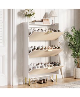 Shoe Cabinet Organizer 3 Flip Drawers, Narrow Rack with Metal Legs, Farmhouse Slim Storage Adjustable Shelves for Entryway, Foyer, White