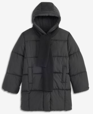 Girls' XS-XL Box Quilt Hooded Stadium Jacket With Scarf