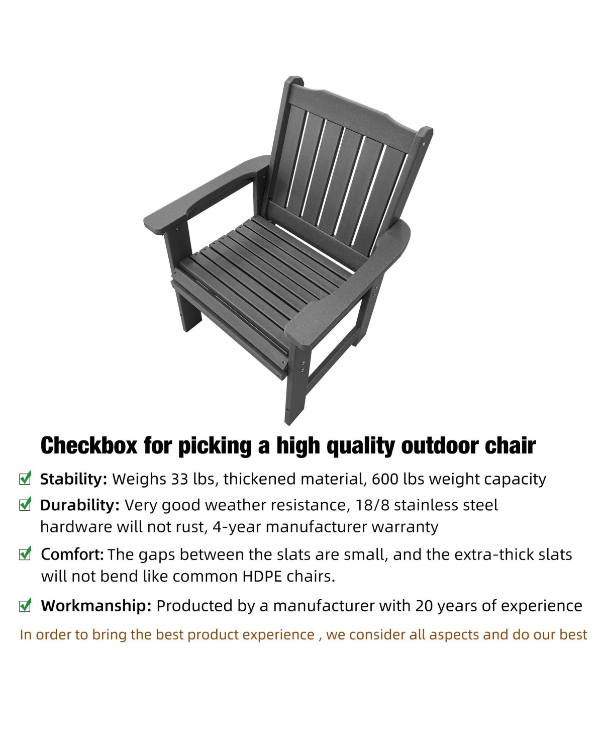 Hdpe All-Weather Outdoor Patio Dining Chair, Heavy-Duty Garden Backyard Armchair with Stainless Steel Hardware, Grey