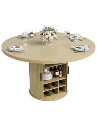 47-Inch Round Dining Table for 4-6 with Hidden Storage and Wine Rack - Modern Wood Kitchen Table