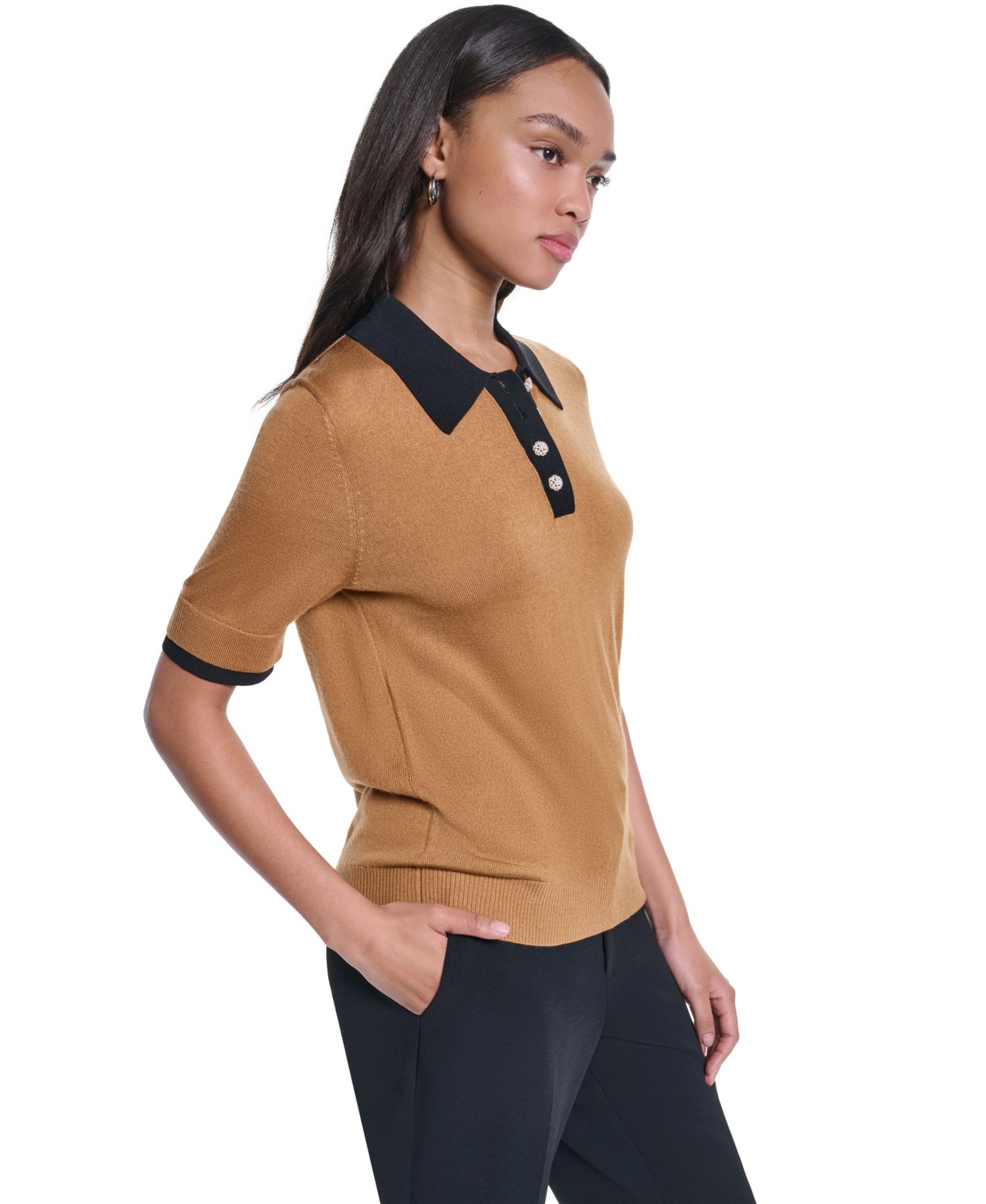 Petite Short-Sleeve Contrast Collar Sweater