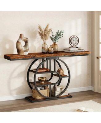 55 In Entryway Console Table with Storage Shelves, Narrow Industrial Sofa Table with O-Shaped Metal Frame