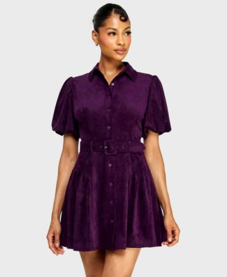 Juniors' Collared Neck Suede Belted Mini Dress