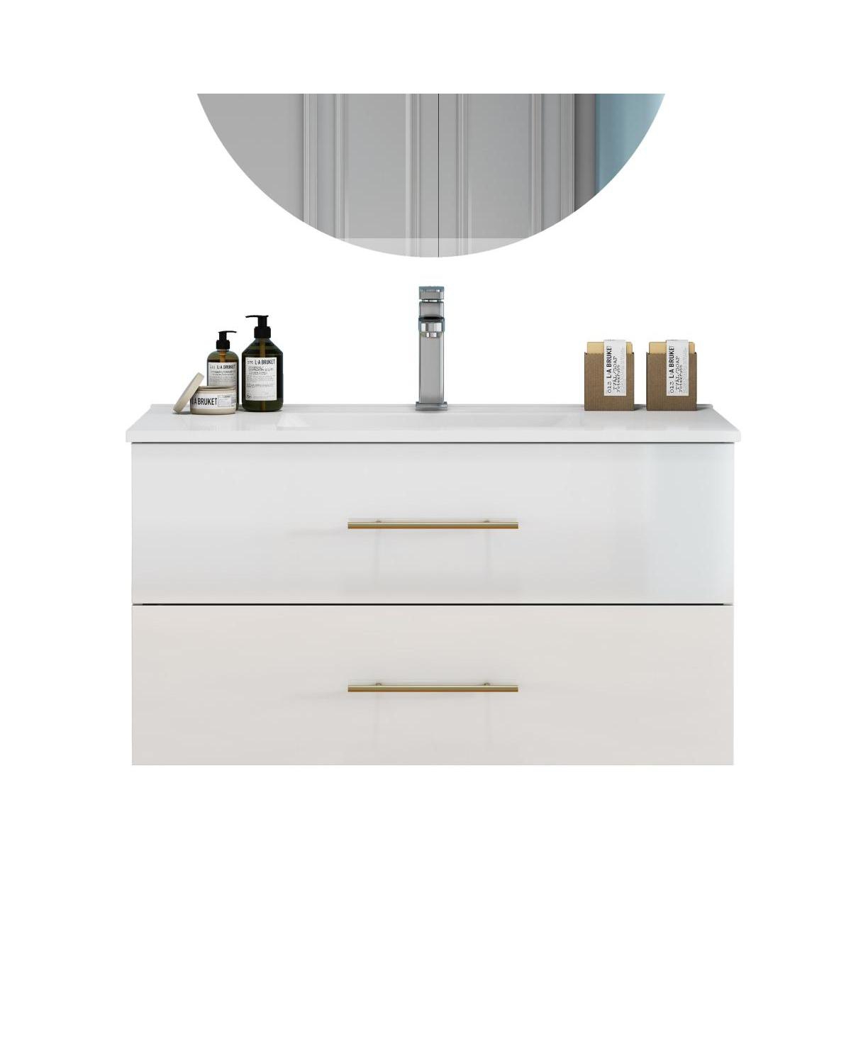 Sillysis Wall Mounted Bathroom Vanity with Ceramic Sink, Double Drawers, Modern Glossy Cabinet for Small Spaces