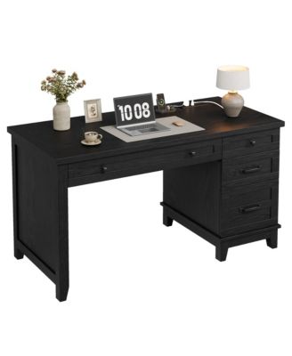 Farmhouse Computer Desk with Charging Station, Rustic Black Home Office Executive Desk, Wooden Workstation with File Cabinet Storage Drawers