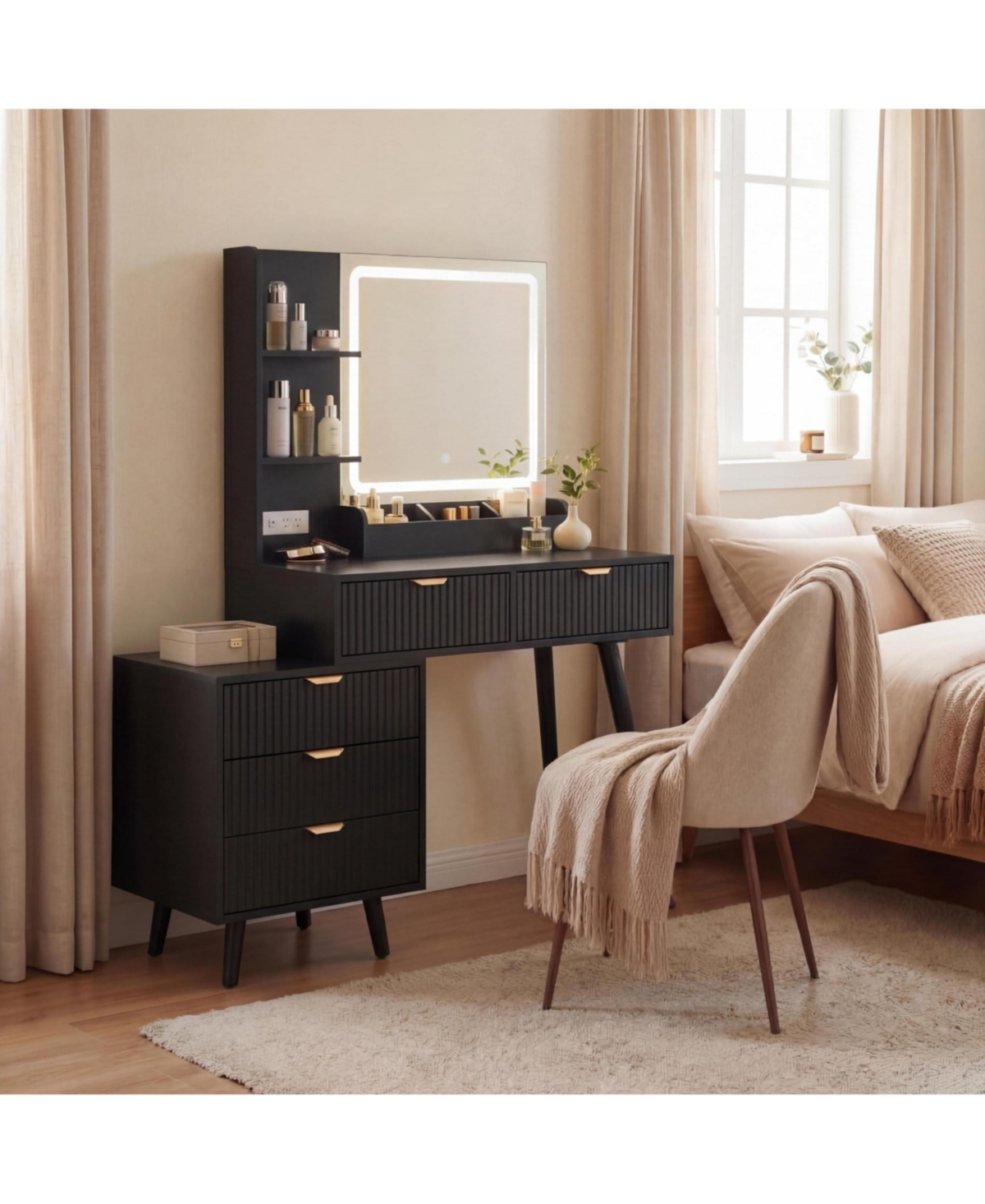 gaomon Modern Wave Texture Vanity Desk with Led Light Mirror and Power Outlet, 5 Drawer Storage Makeup Dressing Table for Bedroom