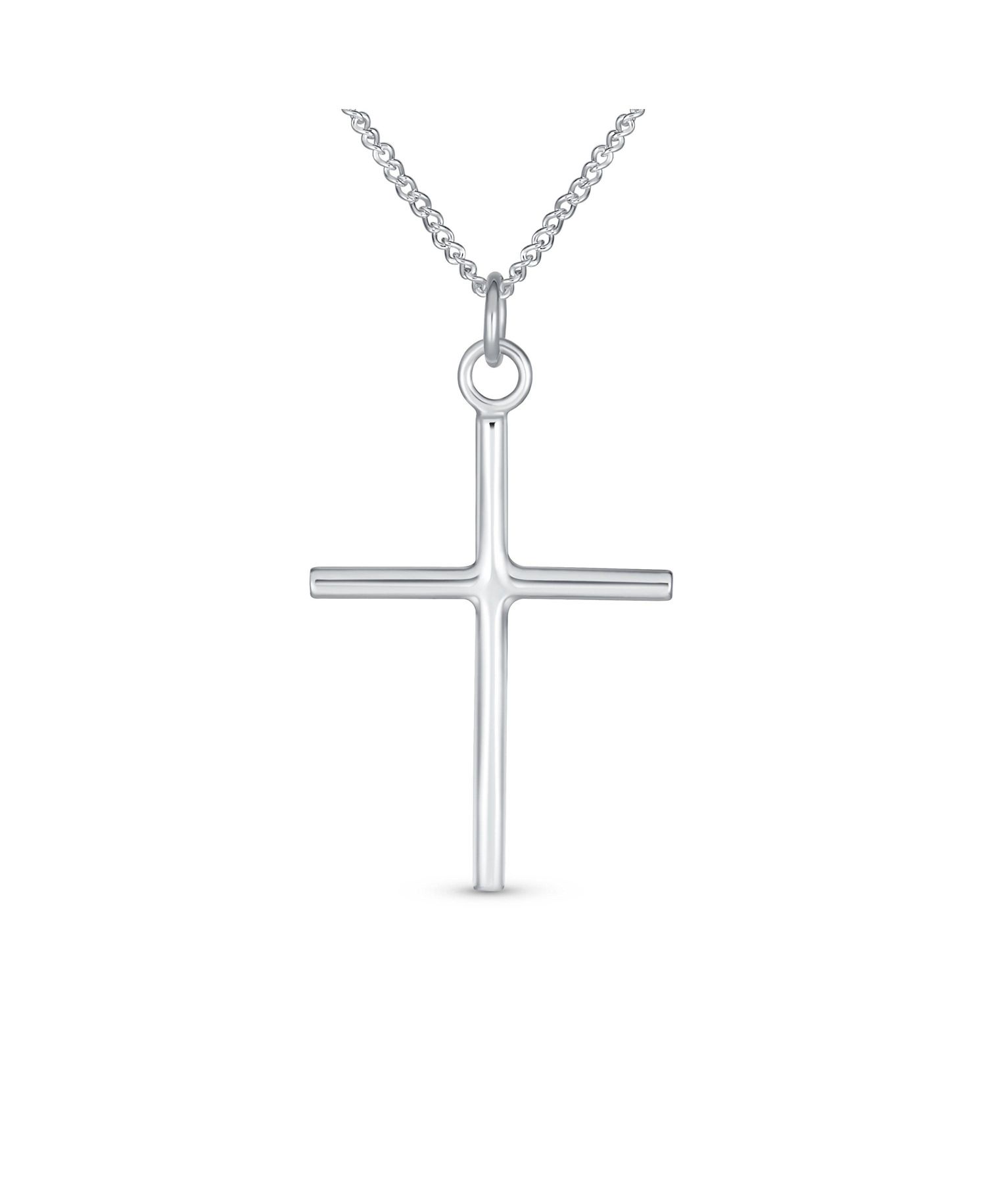 Religious Cross Pendant Necklace Minimalist Simple Tube Style .925 Sterling Silver 1.25 inch