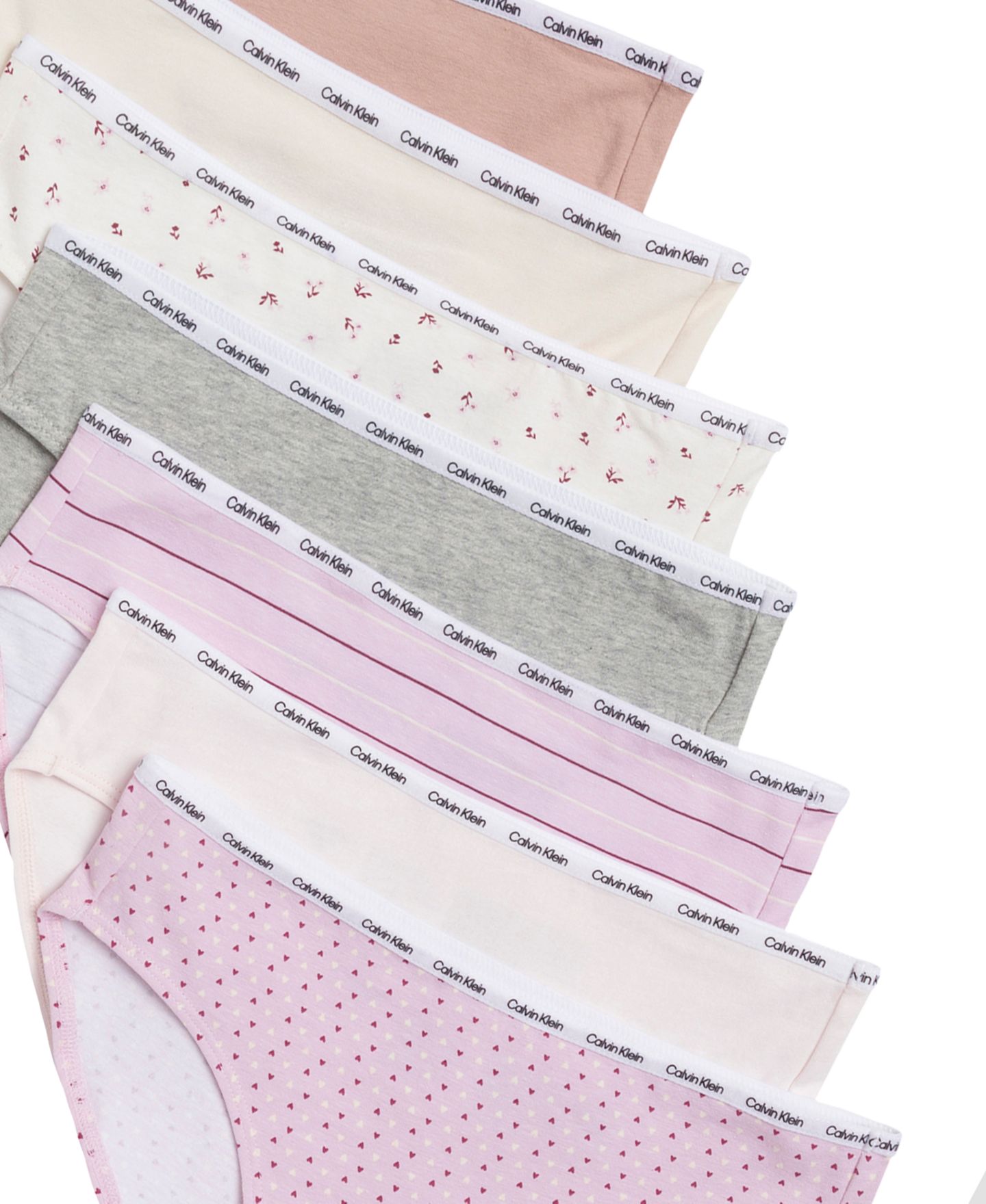 Детские купальники Calvin Klein Girls' 6-16 Floral Heart Stripe Cotton-Stretch Bikinis, 6+1 Bonus Pack, цвет: Розовый с принтом — фото 3