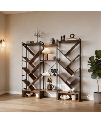 Tree-Shaped 3-Tier Wide Bookshelf, Industrial Steel Frame 20 Open Shelf Storage Rack with Adjustable Feet, Home Office Display Organizer