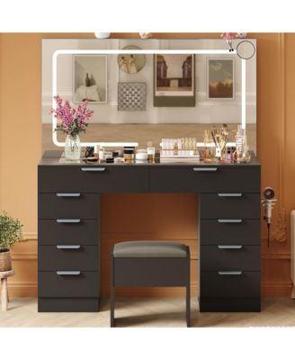 Vanity Desk with Large Mirror and Lights, Set with Power Outlet, Stool, 10 Drawers, Magnifying Glass, Hairdryer Holder, 3 Color Adjustable