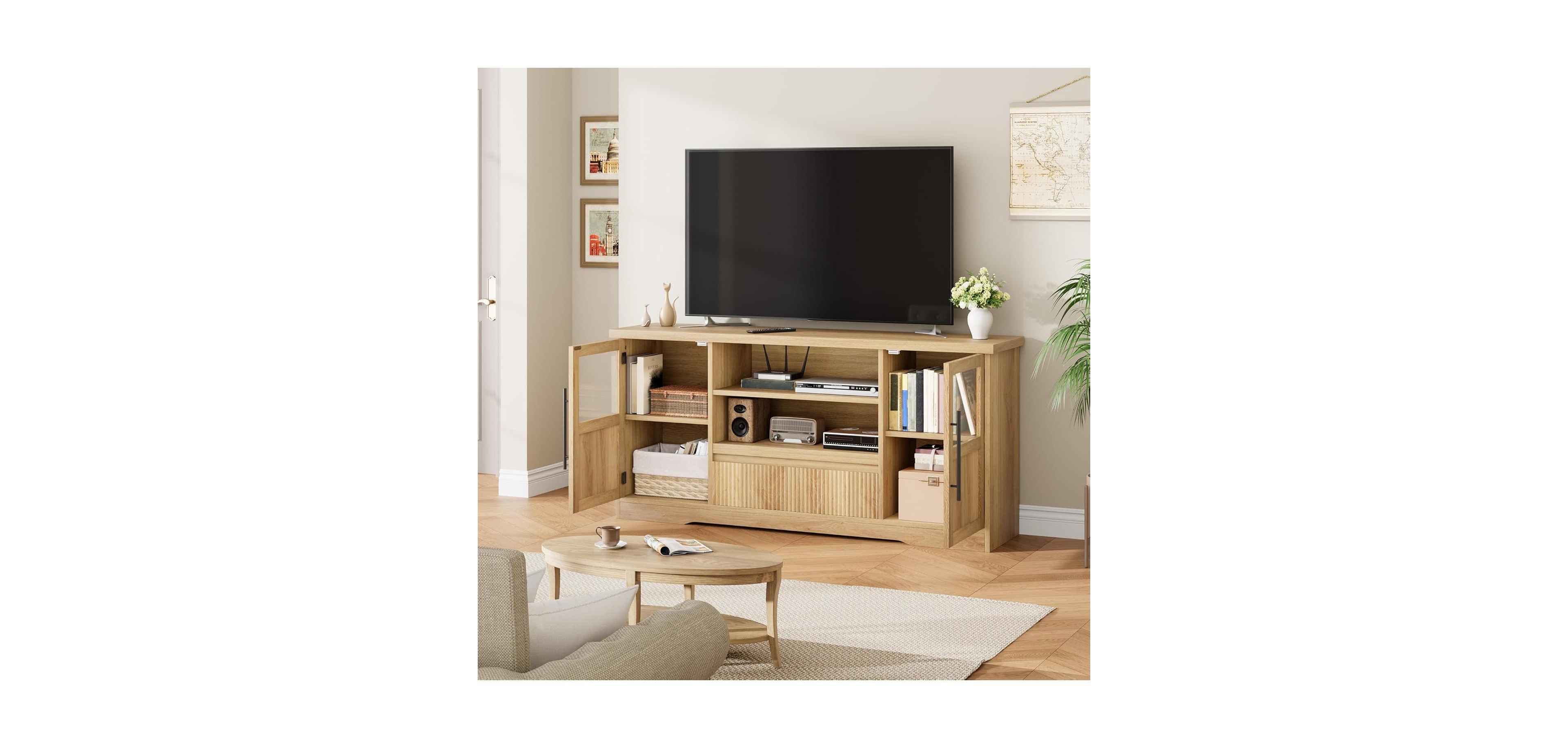 gaomon Farmhouse Tv Stand for TVs, Wave-Pattern Console with Glass Cabinets and Open Shelves