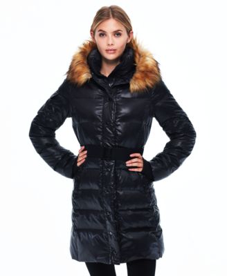 Women's Faux-Fur Hooded Belted Shine Puffer Coat