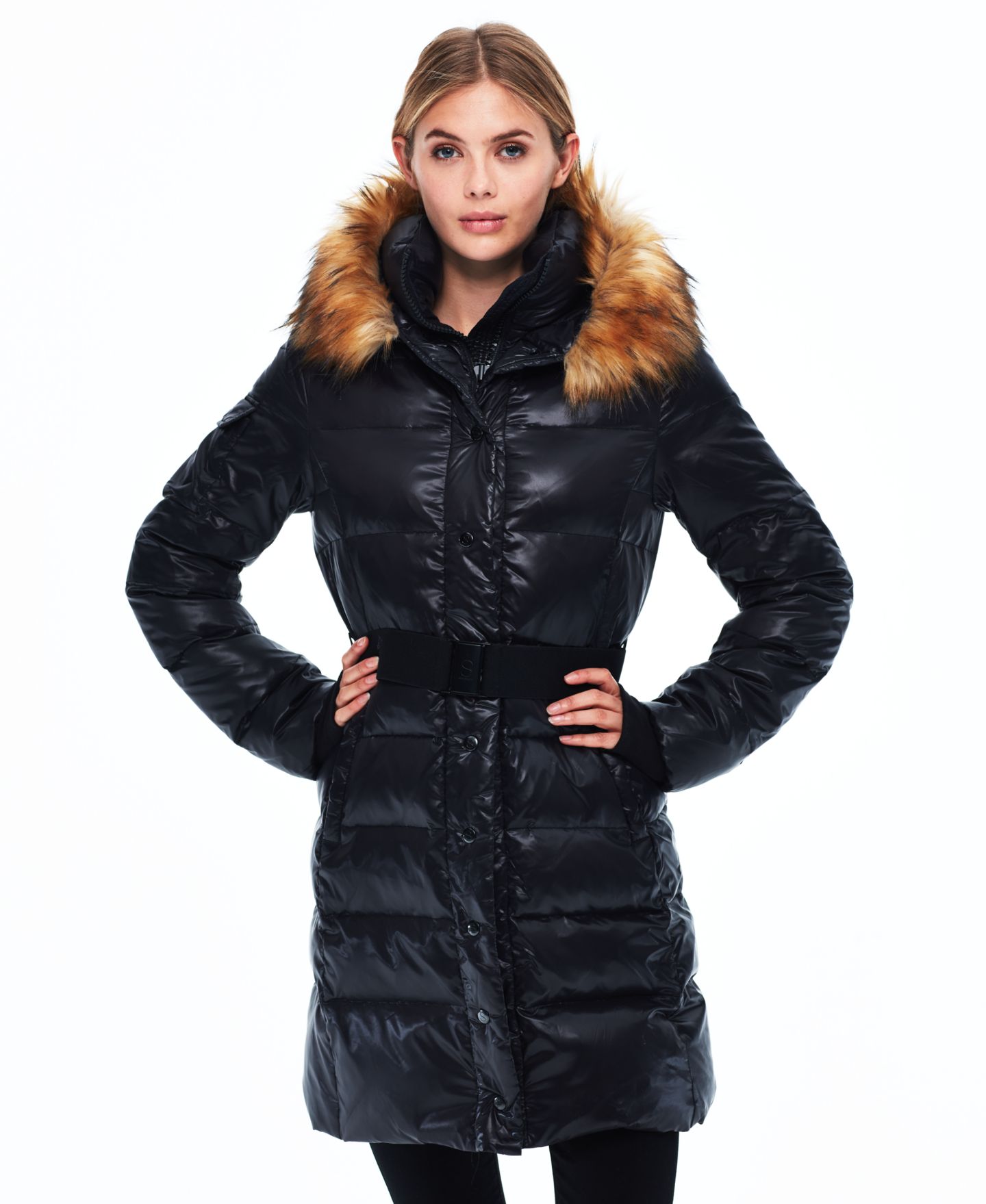 Женская куртка S13 Faux-Fur Hooded Belted Shine Puffer, цвет: Угольный / Натуральный — фото 1