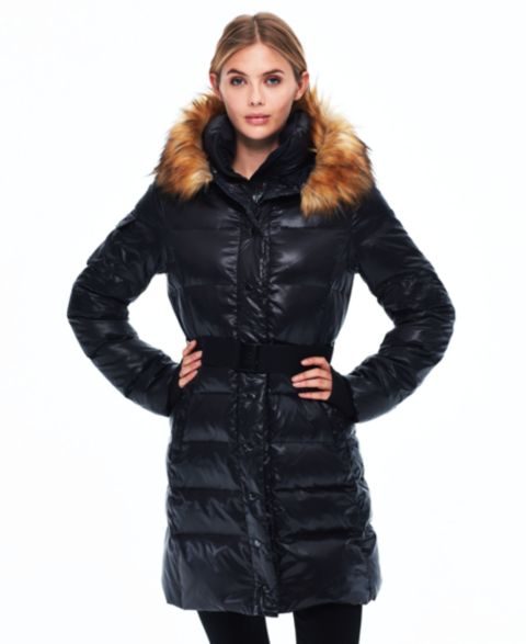 Женская куртка S13 Faux-Fur Hooded Belted Shine Puffer, цвет: Угольный / Натуральный
