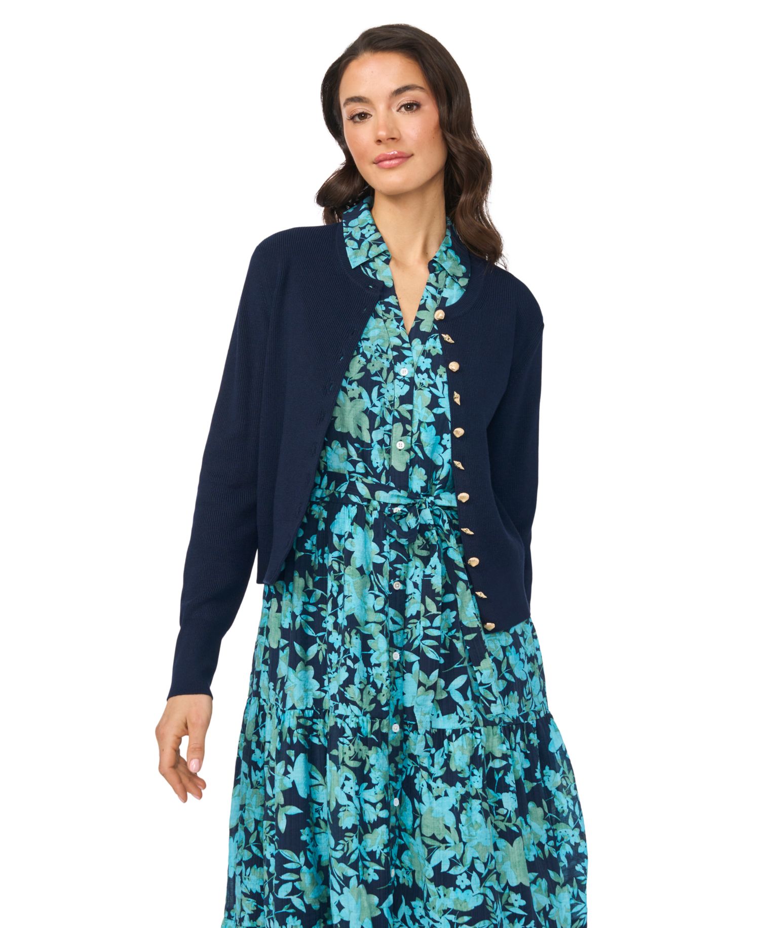 Women's Long-Sleeve Crewneck Shell-Button Cardigan Sweater