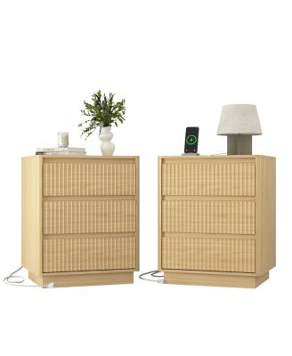 (Set of 2) End Table with USB C Charging Station and 3 Drawers