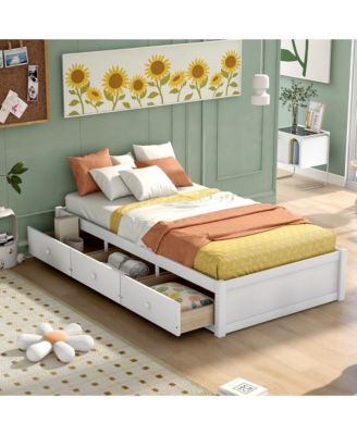 Twin Size Platform Bed with 3 Drawers, Solid Pinewood Storage Bed Frame, Wood Finish, for Kids and Teens