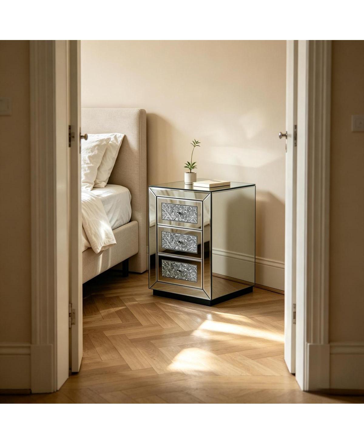 Streamdale Furniture 3-Drawer Mirrored Nightstand Bedside Table Glass Accent End Table Silver