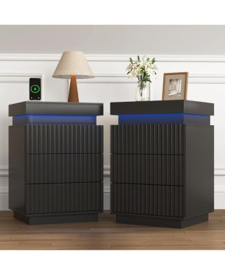 (Set of 2) End Table with USB Charging 2 Drawers and LED Lights