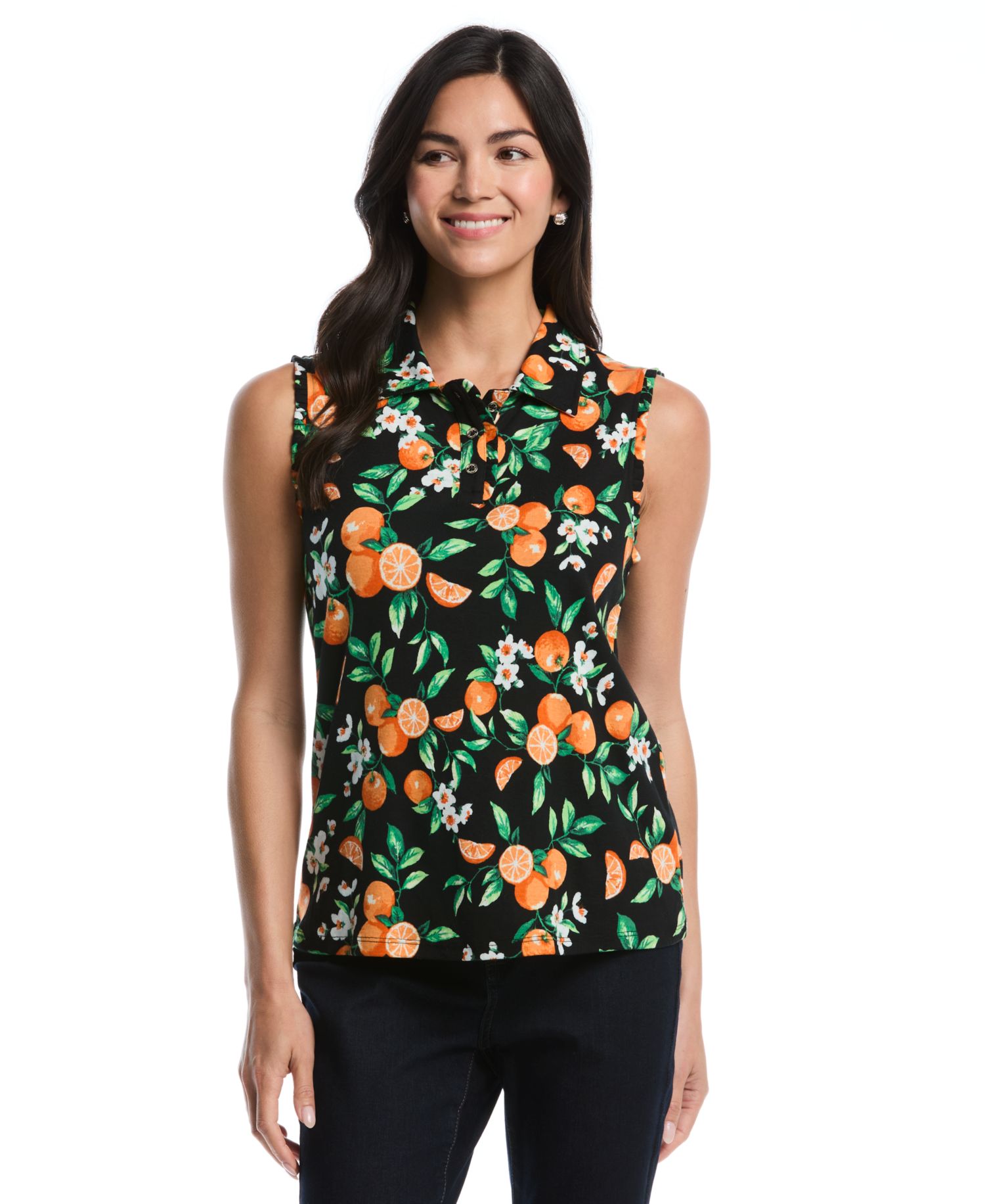Petite Orange Print Ruffle-Trim Sleeveless Polo Shirt