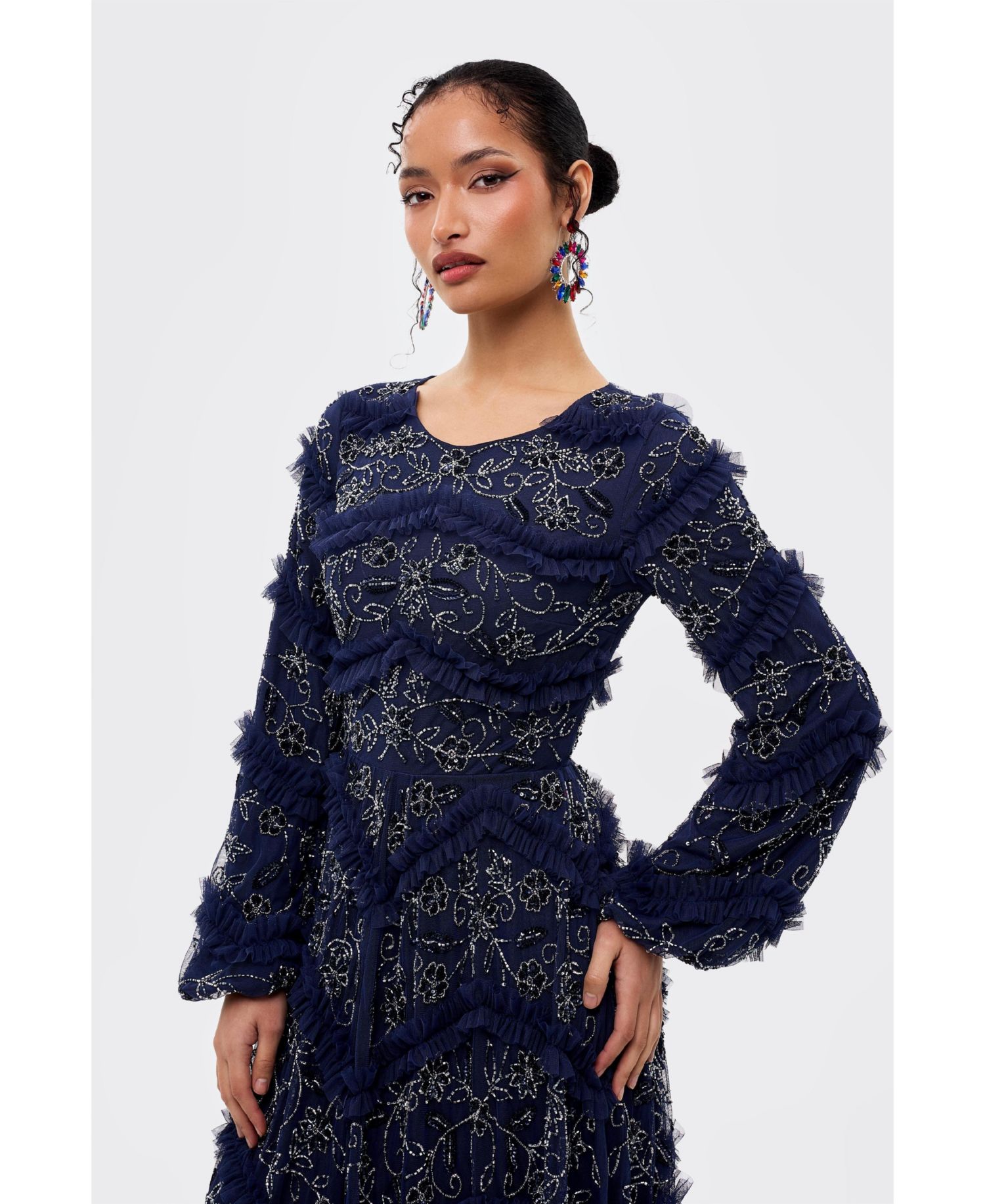 Women's Modest Embellished Sequins Ruffle Maxi Dress
