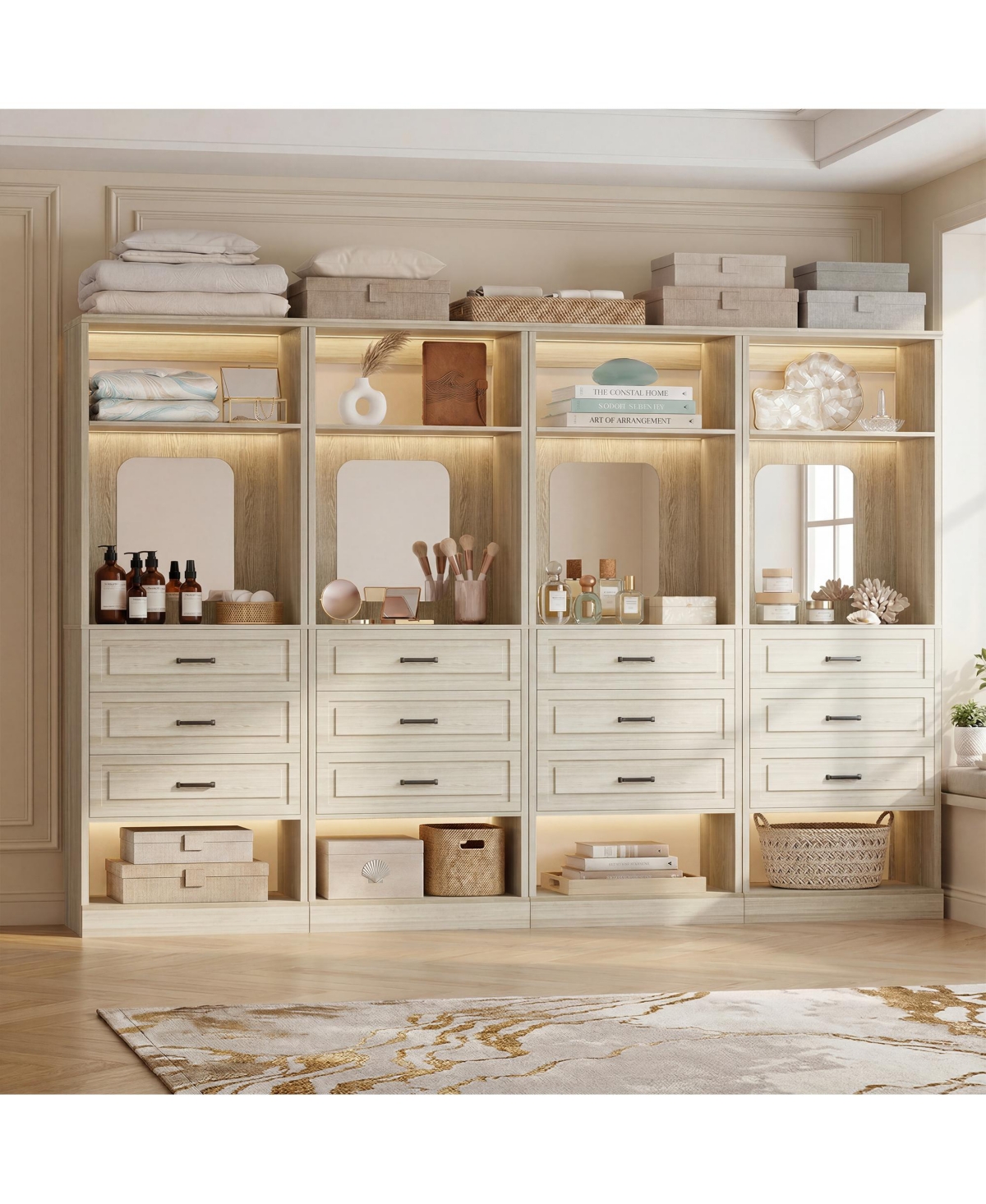 Aheaplus Wooden Closet Organizer with 3 Storage Drawers and Mirror