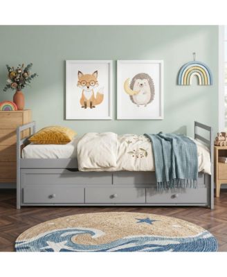 Bed with Headboard, Footboard, Trundle and 3 Storage Drawers, Pine Wood Bed